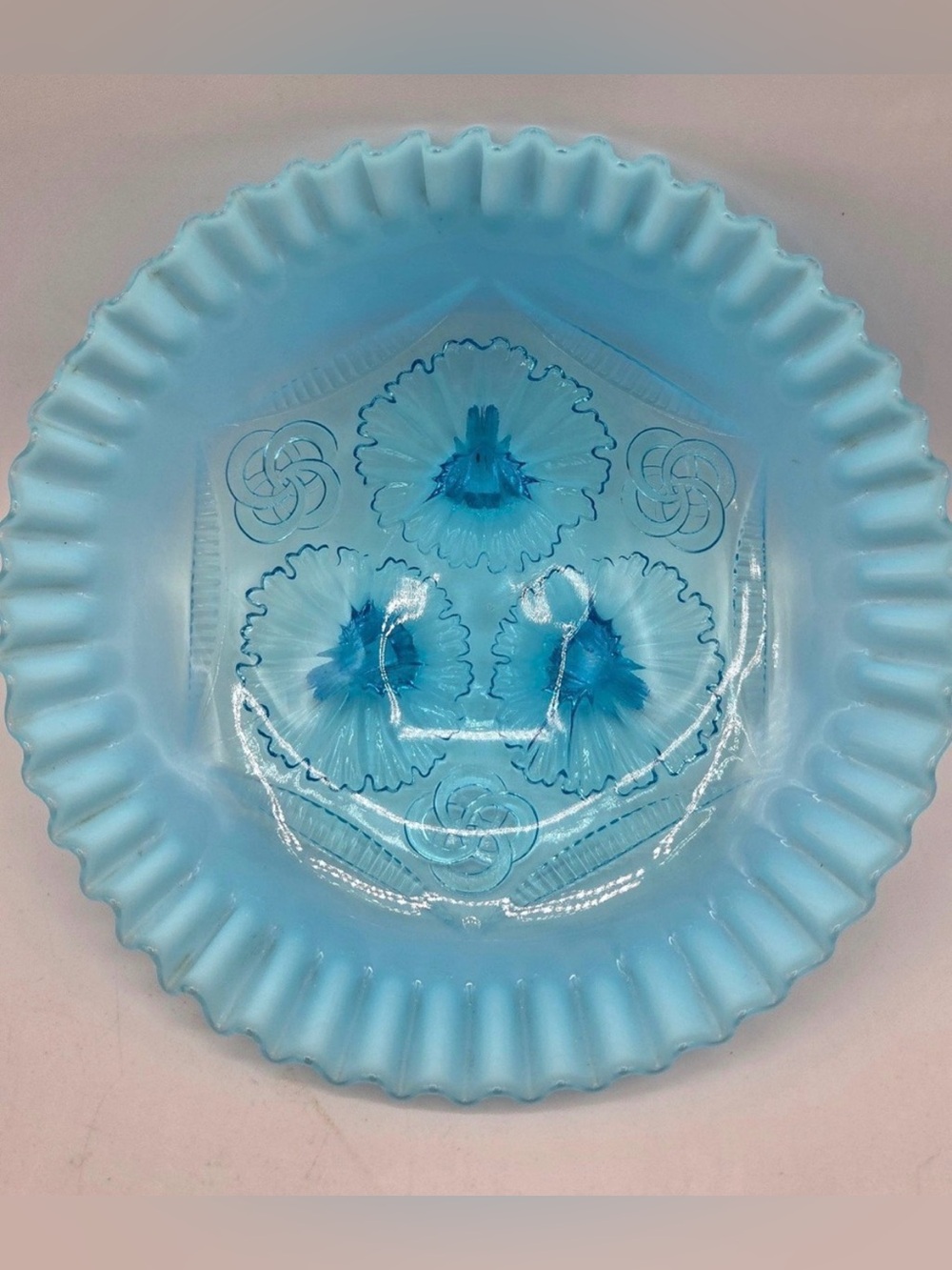 Antique Blue Opalescent EAPG Three Flowers Ruffled Glass Bowl 9.5”